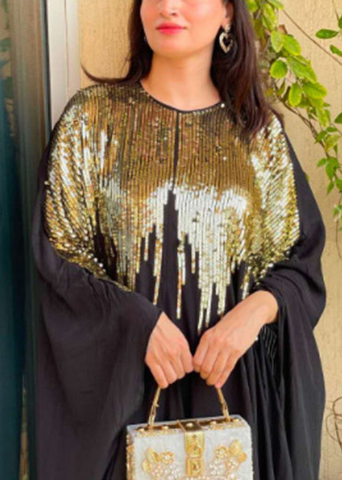 High Neck Sequin Rainfall Cape Sleeve Floor Length Maxi Gown
