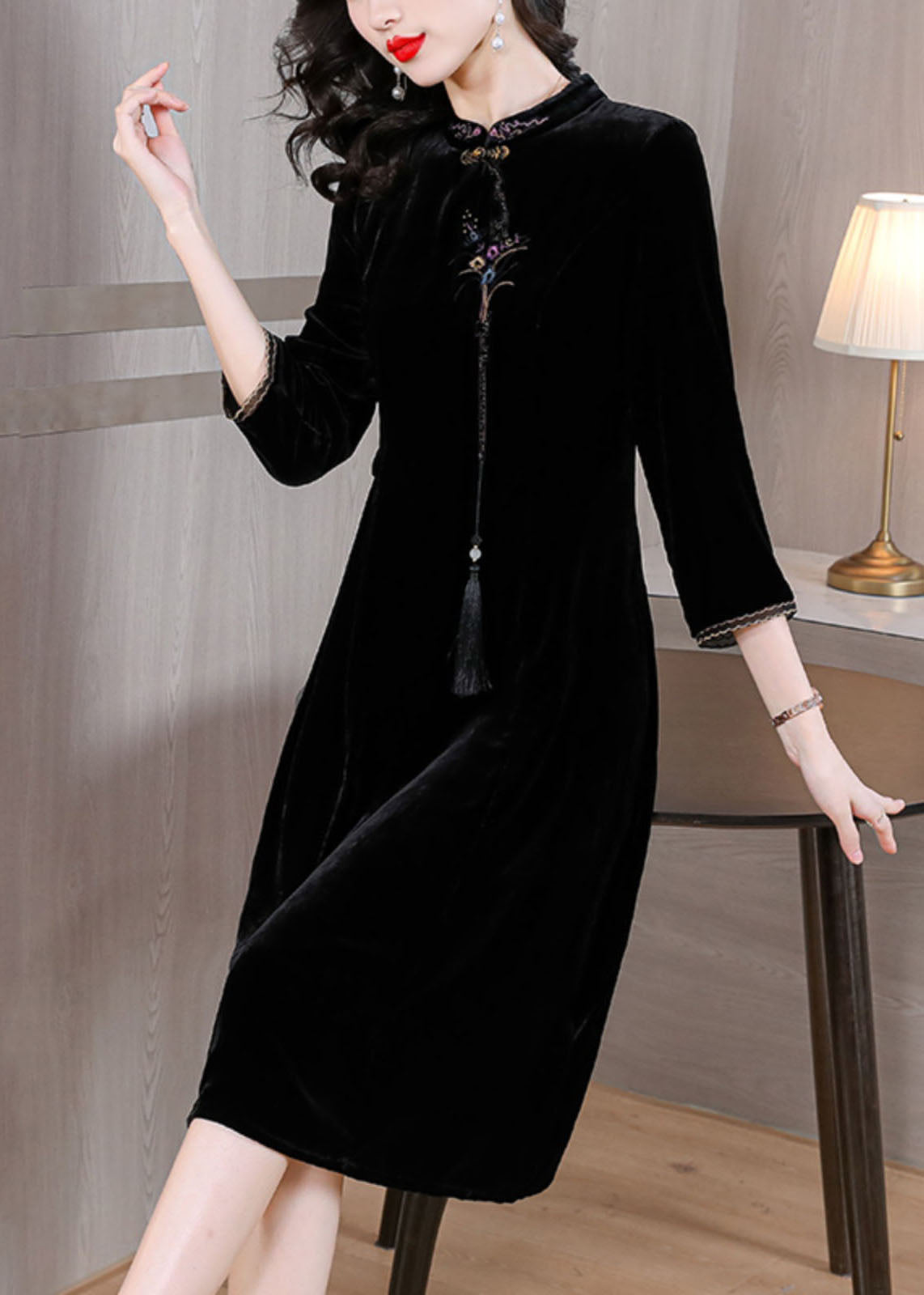 Mock Neck Frog Button Tassel Embroidered Velvet Mandarin Collar Midi Dress