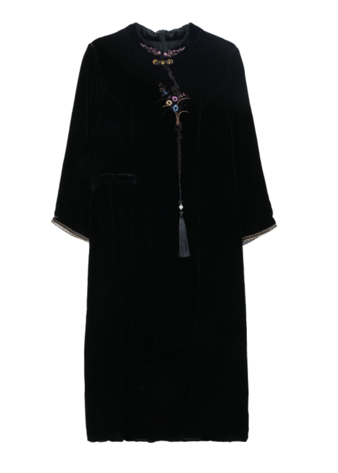 Mock Neck Frog Button Tassel Embroidered Velvet Mandarin Collar Midi Dress