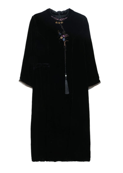 Mock Neck Frog Button Tassel Embroidered Velvet Mandarin Collar Midi Dress