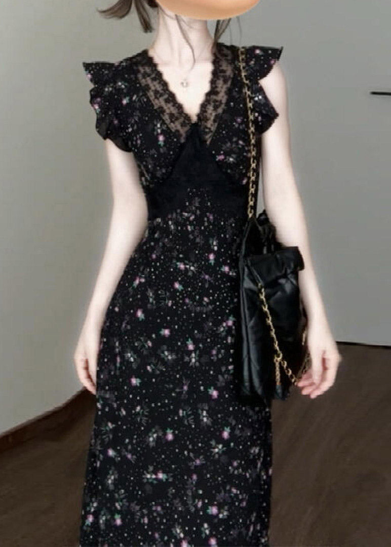 Deep V-Neck Lace Trim Flutter Sleeve Ditsy Floral Midi Dress