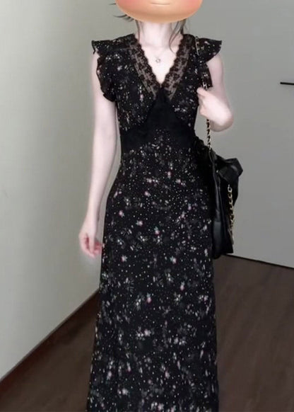 Deep V-Neck Lace Trim Flutter Sleeve Ditsy Floral Midi Dress