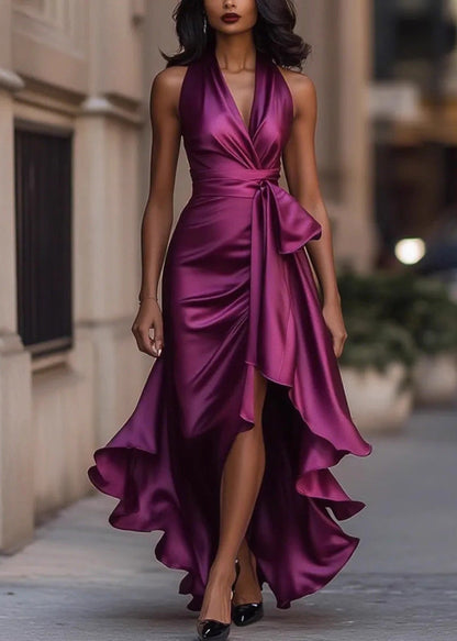 V Neck Ruffled Lace Up Satin High Low Wrap Maxi Dress