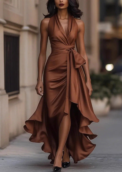 V Neck Ruffled Lace Up Satin High Low Wrap Maxi Dress
