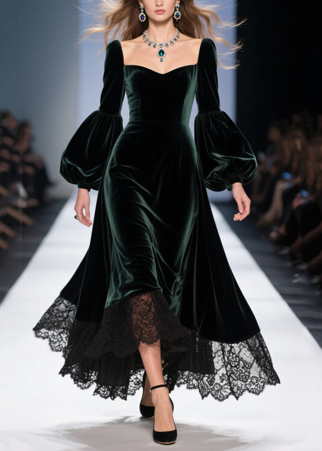 Sweetheart Neck Lantern Sleeve Lace Trim Scalloped Hem Velvet Midi Gown