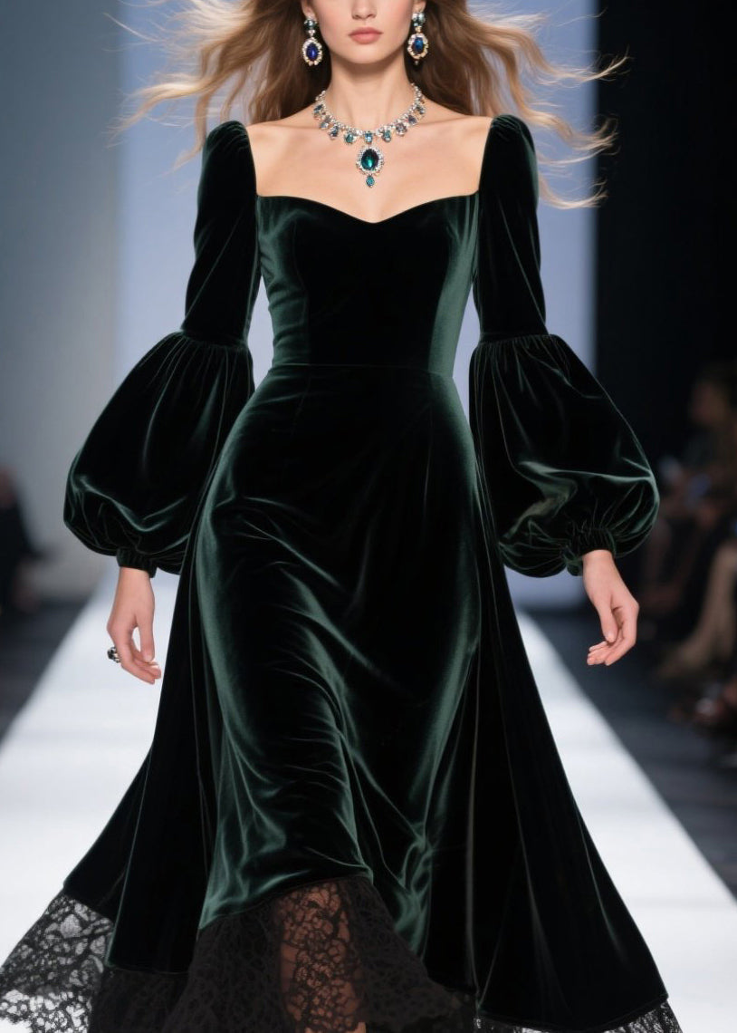 Sweetheart Neck Lantern Sleeve Lace Trim Scalloped Hem Velvet Midi Gown