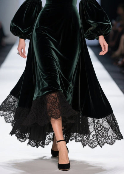 Sweetheart Neck Lantern Sleeve Lace Trim Scalloped Hem Velvet Midi Gown