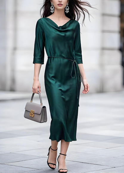 Cowl Neck Three-Quarter Sleeve Tie Waist Satin Midi Dress