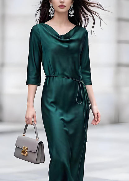 Cowl Neck Three-Quarter Sleeve Tie Waist Satin Midi Dress