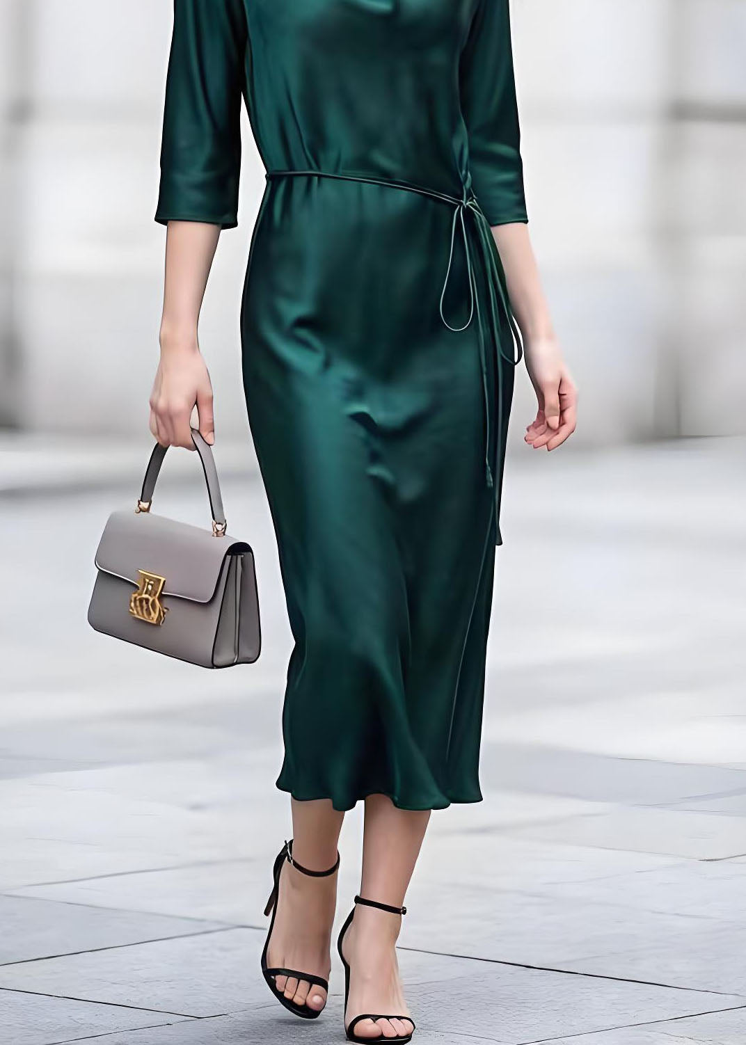 Cowl Neck Three-Quarter Sleeve Tie Waist Satin Midi Dress