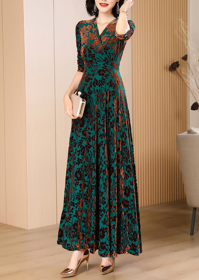 Surplice V-Neck Three-Quarter Sleeve Floral Burnout Pleated Full Skirt Gown