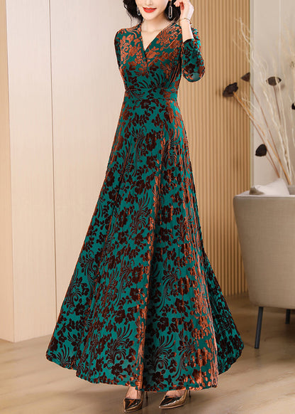 Surplice V-Neck Three-Quarter Sleeve Floral Burnout Pleated Full Skirt Gown