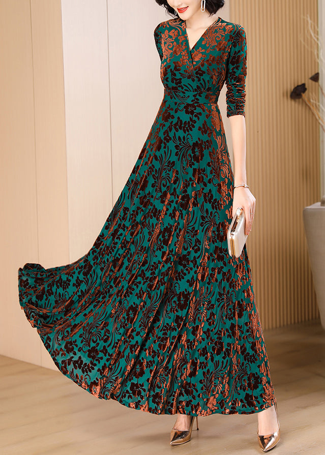 Surplice V-Neck Three-Quarter Sleeve Floral Burnout Pleated Full Skirt Gown