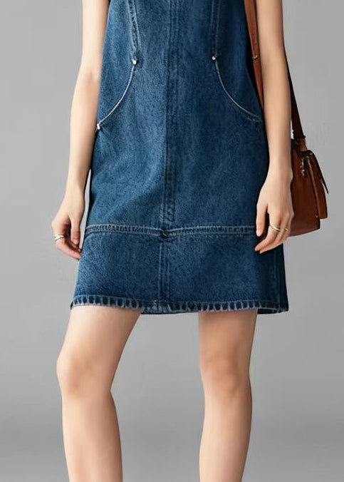 Crew Neck Panel Seam Pocket Denim Shift Mini Dress