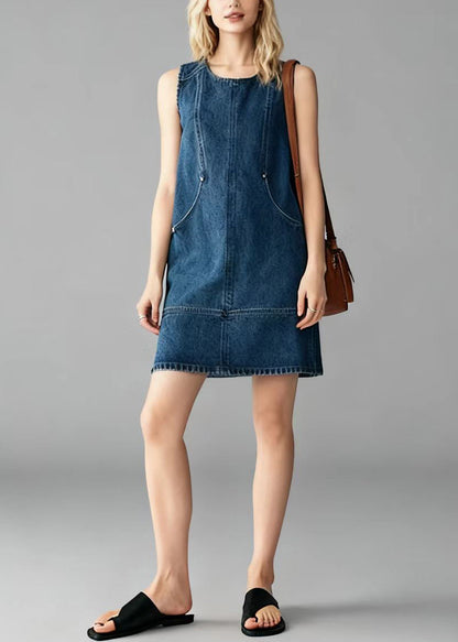 Crew Neck Panel Seam Pocket Denim Shift Mini Dress