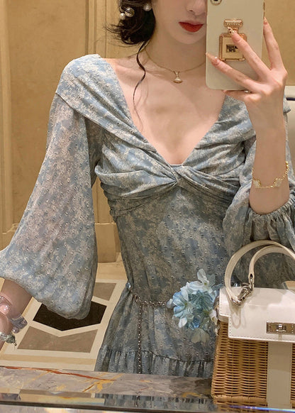 Deep V Ruched Bodice Balloon Sleeve Chain Belt Floral Maxi Dress