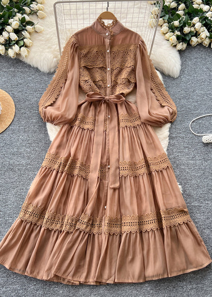 Mandarin Collar Pearl Button Lantern Sleeve Tiered Lace Maxi Dress