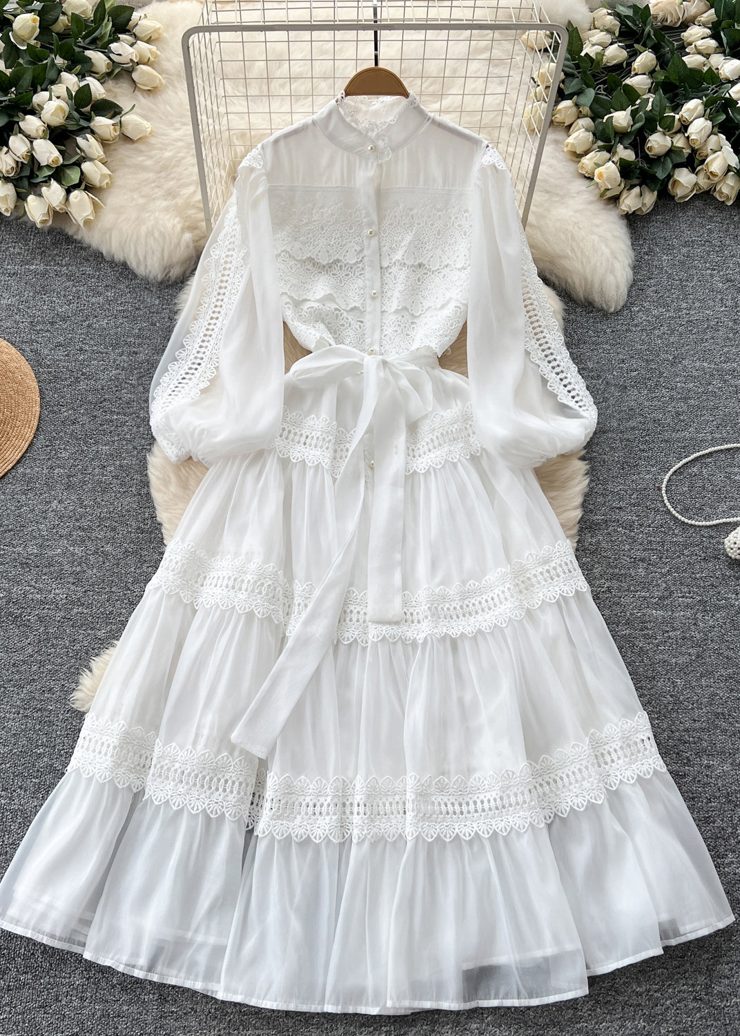 Mandarin Collar Pearl Button Lantern Sleeve Tiered Lace Maxi Dress