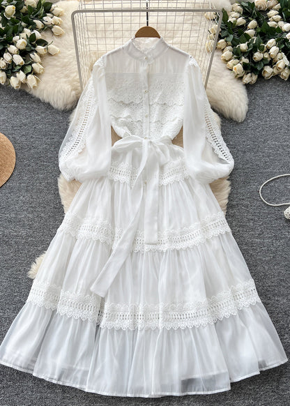 Mandarin Collar Pearl Button Lantern Sleeve Tiered Lace Maxi Dress