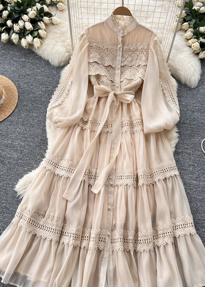 Mandarin Collar Pearl Button Lantern Sleeve Tiered Lace Maxi Dress