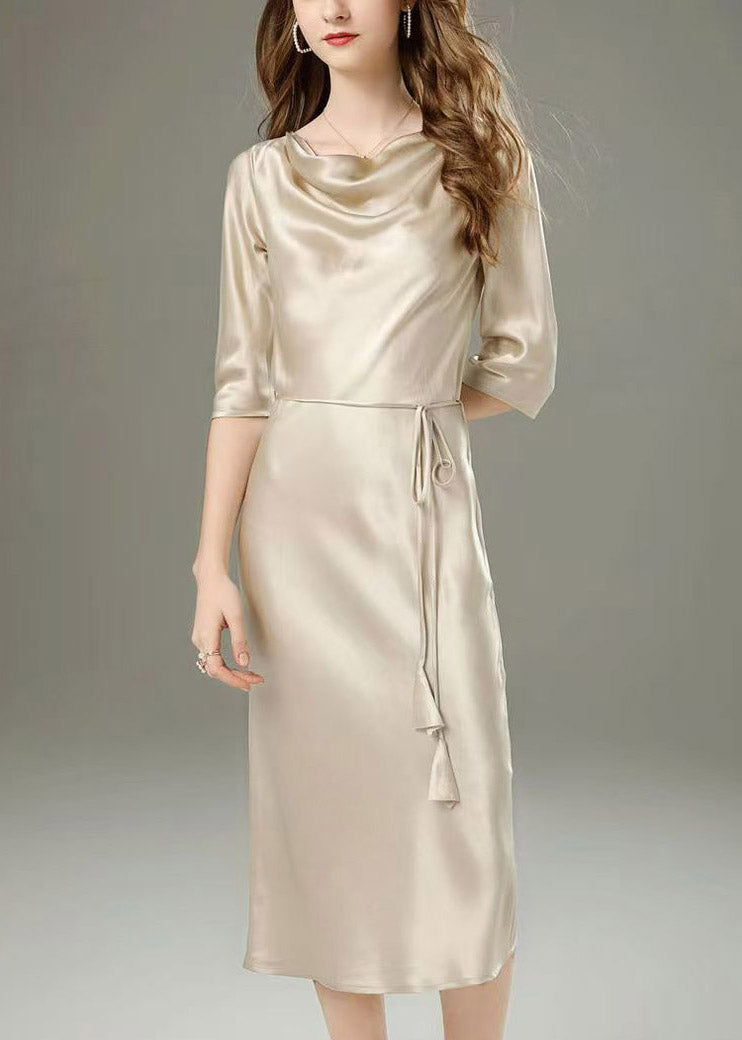 Cowl Neck Three Quarter Sleeve Tassel Tie Belt Satin Midi Dress