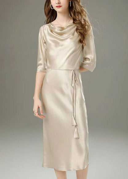 Cowl Neck Three Quarter Sleeve Tassel Tie Belt Satin Midi Dress
