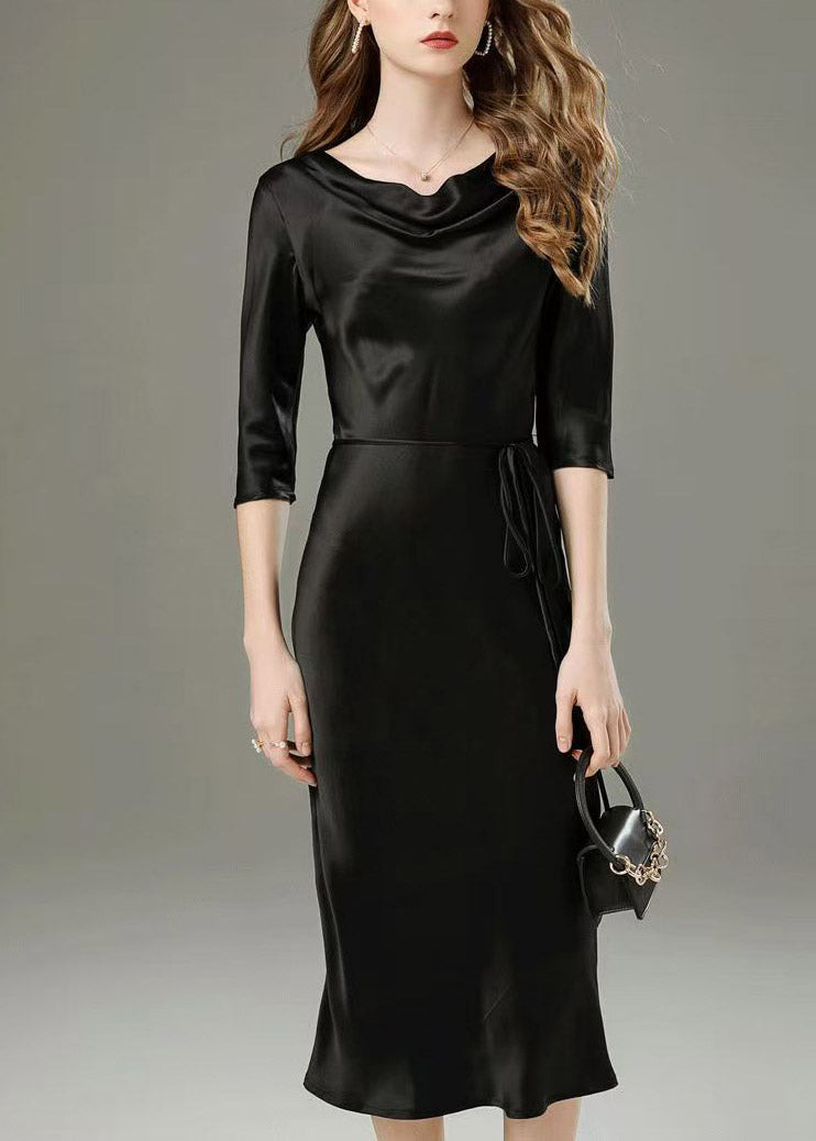 Cowl Neck Three Quarter Sleeve Tassel Tie Belt Satin Midi Dress