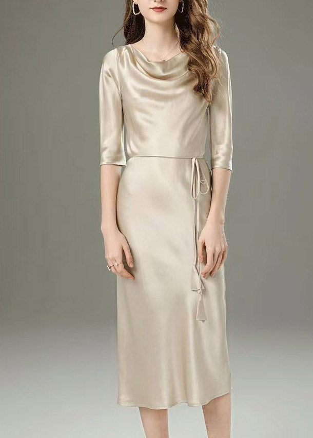 Cowl Neck Three Quarter Sleeve Tassel Tie Belt Satin Midi Dress