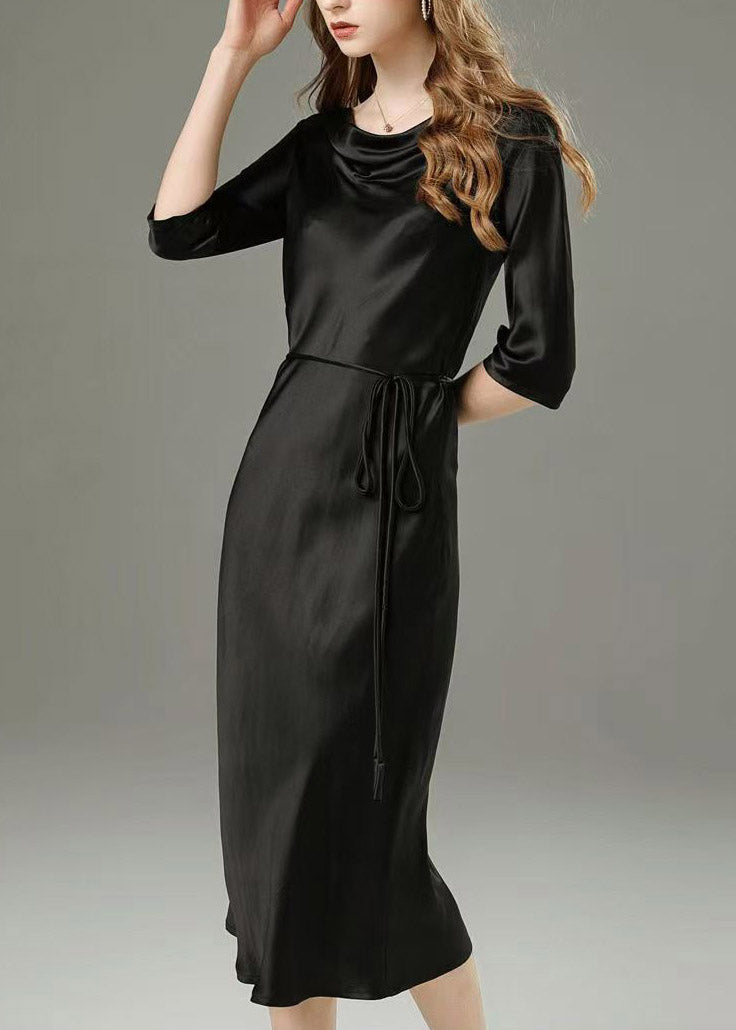 Cowl Neck Three Quarter Sleeve Tassel Tie Belt Satin Midi Dress