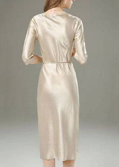 Cowl Neck Three Quarter Sleeve Tassel Tie Belt Satin Midi Dress