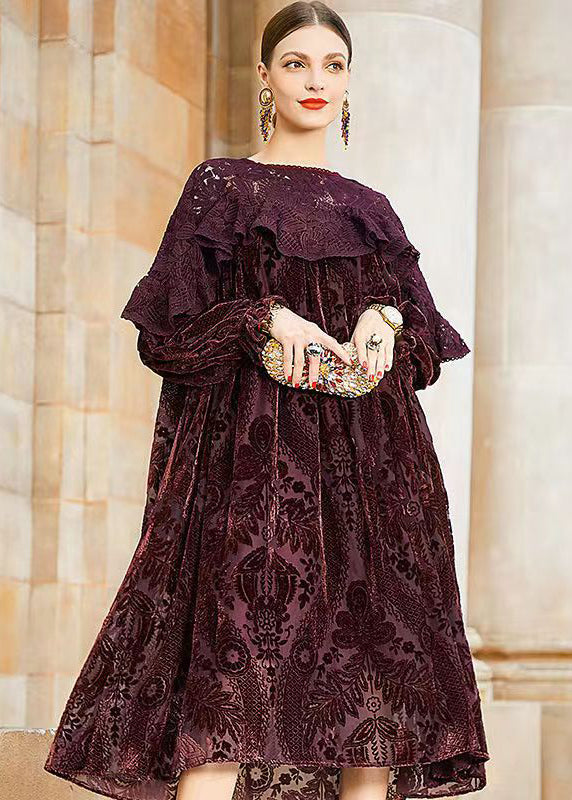 Crew Neck Lace Overlay Burnout Floral Bishop Sleeve Velvet Maxi Dress