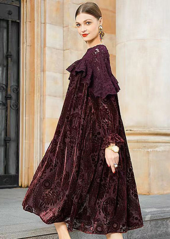 Crew Neck Lace Overlay Burnout Floral Bishop Sleeve Velvet Maxi Dress