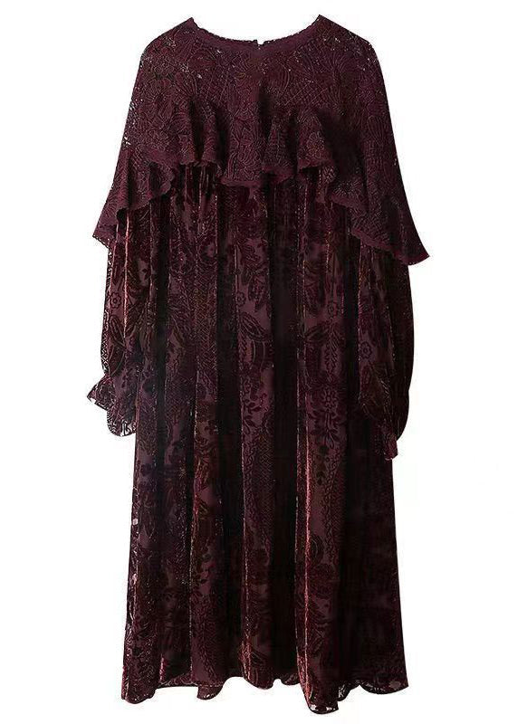 Crew Neck Lace Overlay Burnout Floral Bishop Sleeve Velvet Maxi Dress