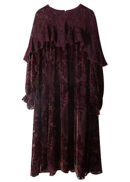 Crew Neck Lace Overlay Burnout Floral Bishop Sleeve Velvet Maxi Dress