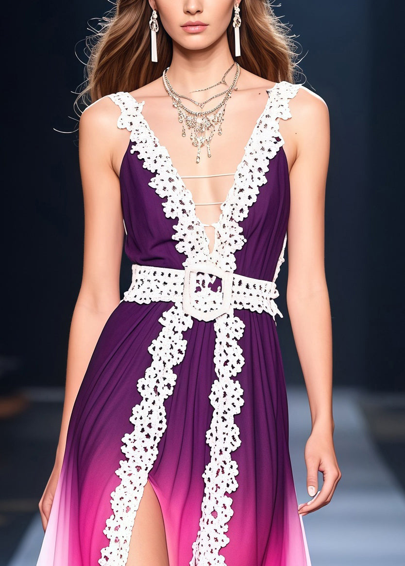 Deep V-Neck Lace Belt Pleated Gradient Chiffon Maxi Dress with High Slit