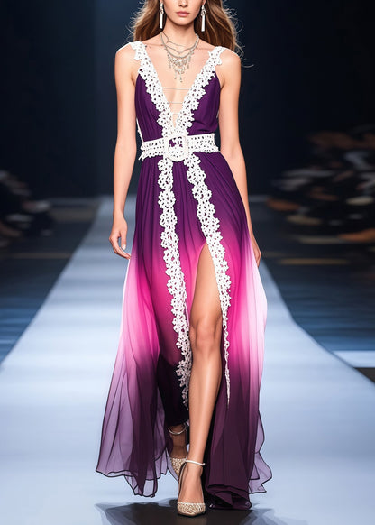 Deep V-Neck Lace Belt Pleated Gradient Chiffon Maxi Dress with High Slit