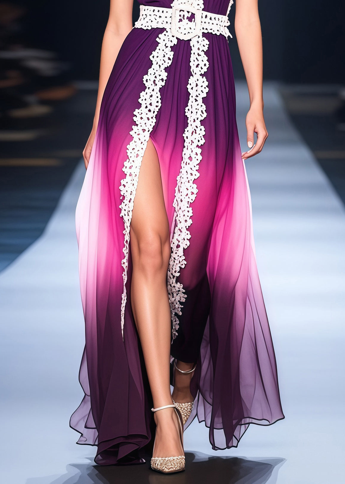 Deep V-Neck Lace Belt Pleated Gradient Chiffon Maxi Dress with High Slit