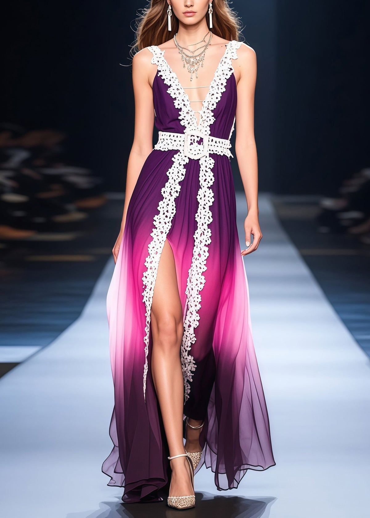 Deep V-Neck Lace Belt Pleated Gradient Chiffon Maxi Dress with High Slit