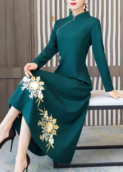 Mandarin Collar Asymmetric Seam Floral Embroidery A Line Maxi Dress