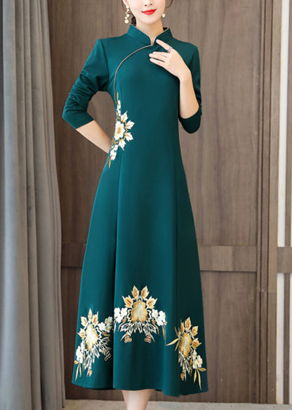 Mandarin Collar Asymmetric Seam Floral Embroidery A Line Maxi Dress
