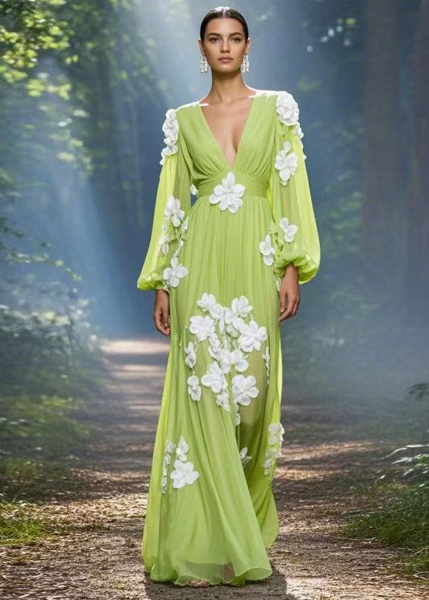Deep V-Neck 3D Floral Appliqué Balloon Sleeve Pleated Empire Waist Gown