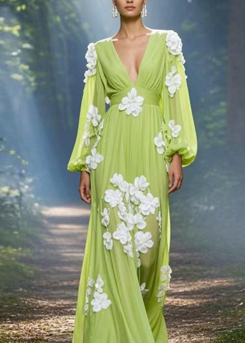 Deep V-Neck 3D Floral Appliqué Balloon Sleeve Pleated Empire Waist Gown