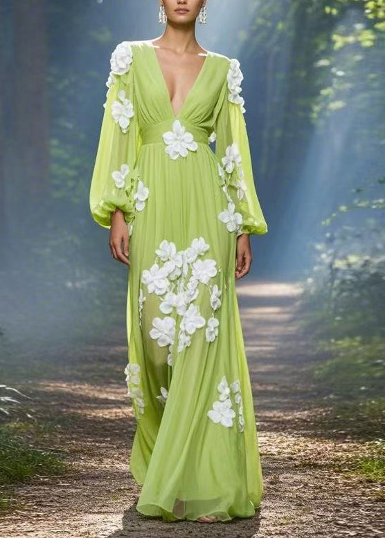 Deep V-Neck 3D Floral Appliqué Balloon Sleeve Pleated Empire Waist Gown