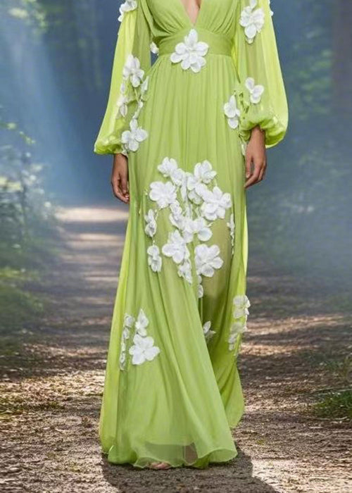 Deep V-Neck 3D Floral Appliqué Balloon Sleeve Pleated Empire Waist Gown