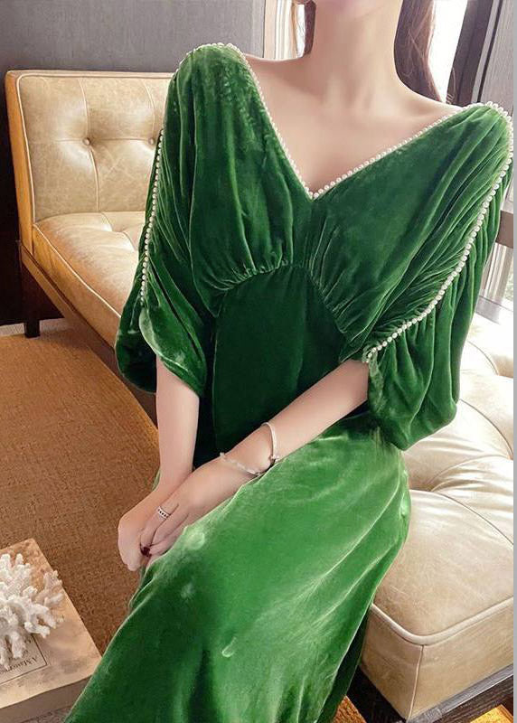 V-Neck Pearl Trim Dolman Sleeve Ruched Empire Waist Velvet Maxi Gown