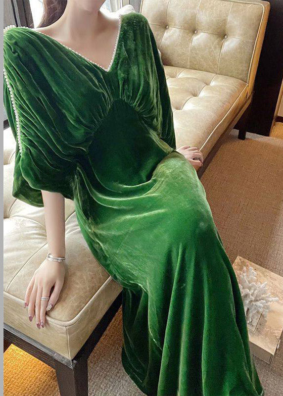 V-Neck Pearl Trim Dolman Sleeve Ruched Empire Waist Velvet Maxi Gown
