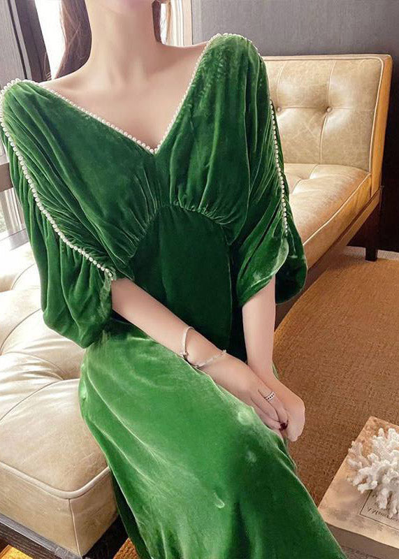 V-Neck Pearl Trim Dolman Sleeve Ruched Empire Waist Velvet Maxi Gown