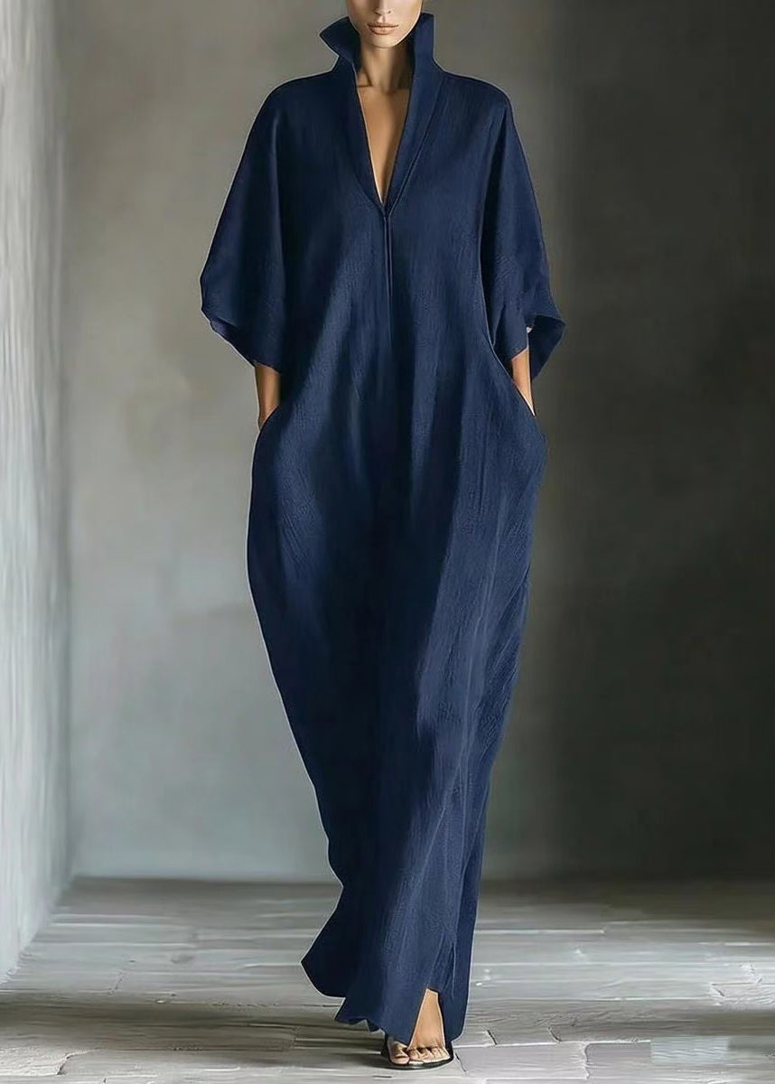 Mandarin Collar Deep V Neck Kimono Sleeve Wide Leg Linen Jumpsuit