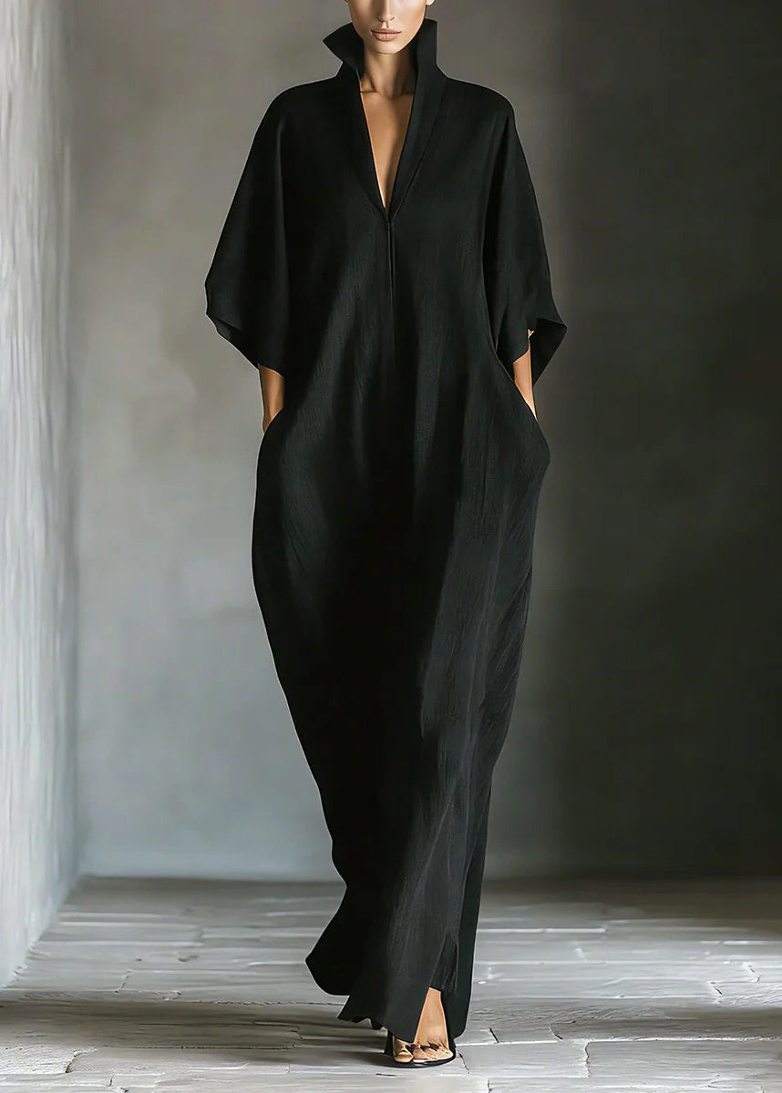Mandarin Collar Deep V Neck Kimono Sleeve Wide Leg Linen Jumpsuit