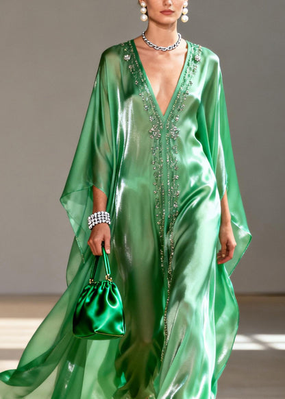 Deep V Neck Crystal Embroidered Satin Cape Sleeve Kaftan Maxi Dress